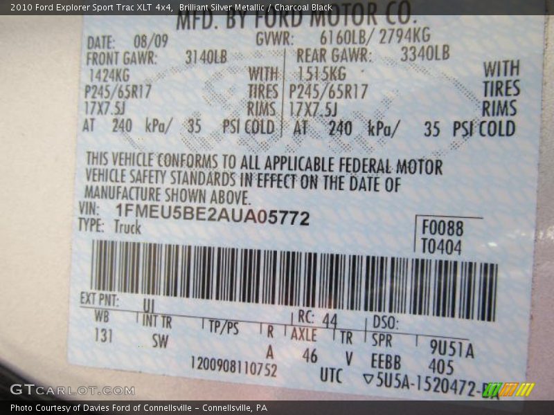 2010 Explorer Sport Trac XLT 4x4 Brilliant Silver Metallic Color Code UI
