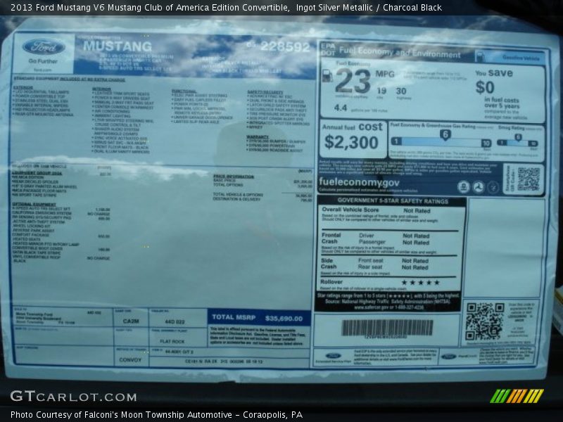  2013 Mustang V6 Mustang Club of America Edition Convertible Window Sticker