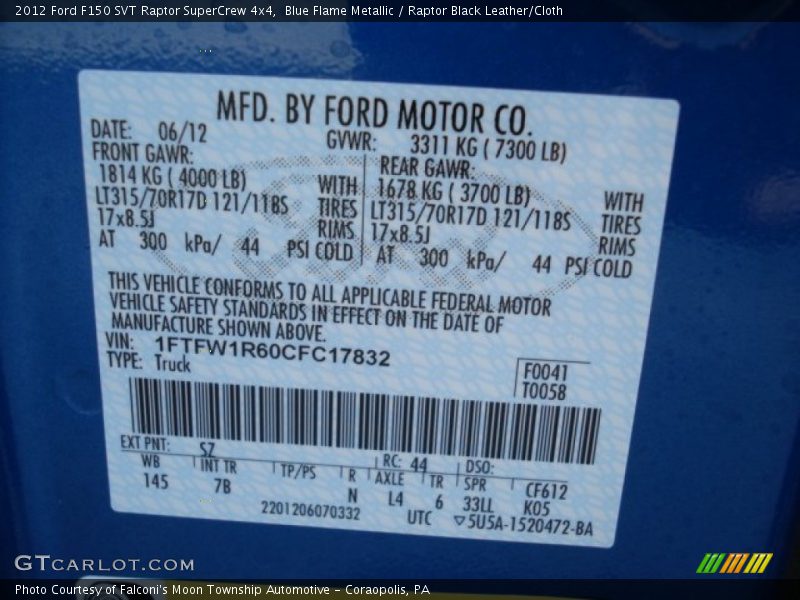 2012 F150 SVT Raptor SuperCrew 4x4 Blue Flame Metallic Color Code SZ