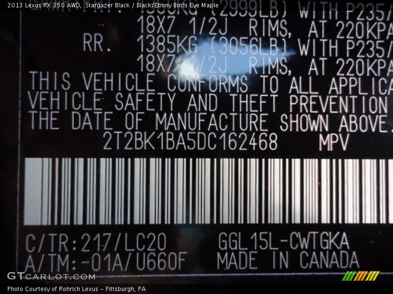 Stargazer Black / Black/Ebony Birds Eye Maple 2013 Lexus RX 350 AWD