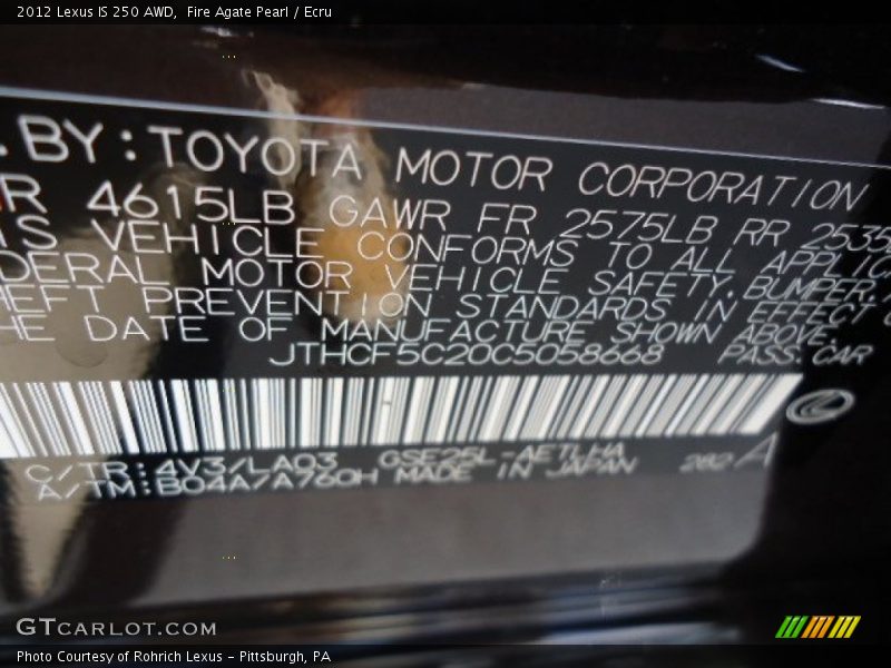 2012 IS 250 AWD Fire Agate Pearl Color Code 4V3