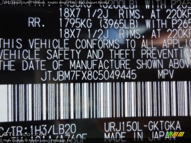 2012 GX 460 Premium Knights Armor Pearl Color Code 1H3