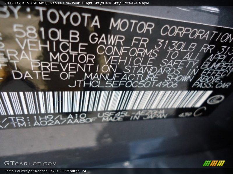 Nebula Gray Pearl / Light Gray/Dark Gray Birds-Eye Maple 2012 Lexus LS 460 AWD