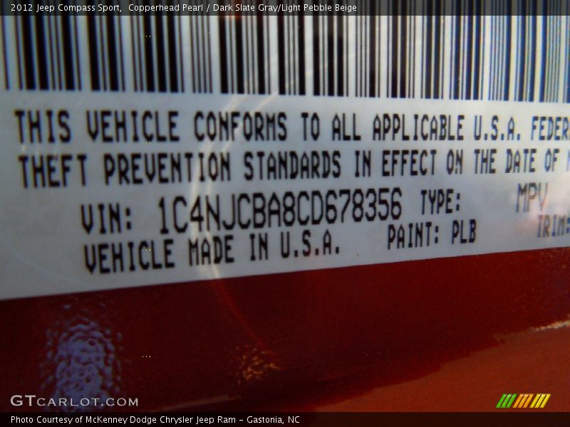 Copperhead Pearl / Dark Slate Gray/Light Pebble Beige 2012 Jeep Compass Sport