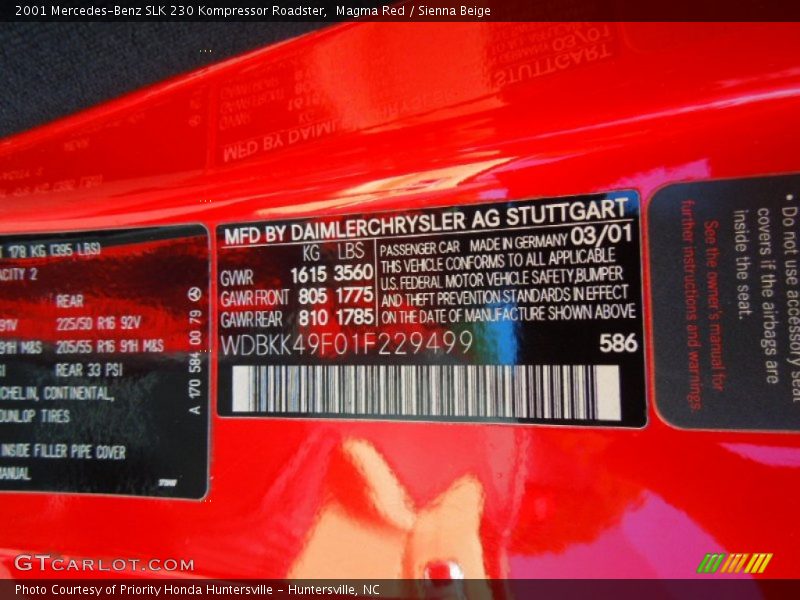 2001 SLK 230 Kompressor Roadster Magma Red Color Code 586