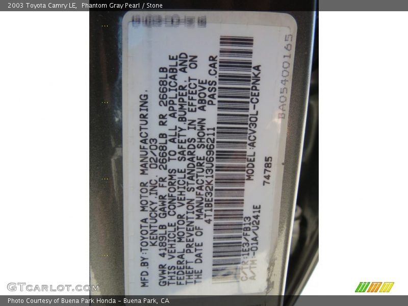 Phantom Gray Pearl / Stone 2003 Toyota Camry LE