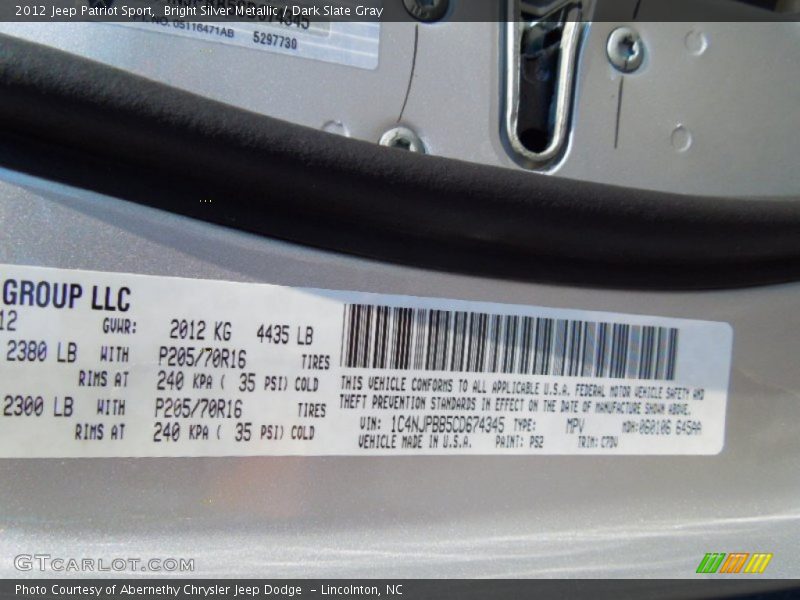 Bright Silver Metallic / Dark Slate Gray 2012 Jeep Patriot Sport