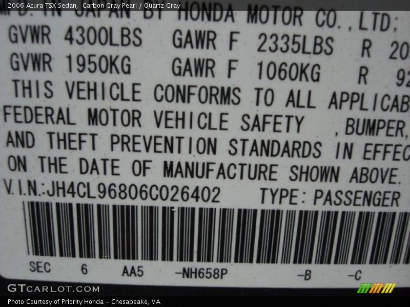 Carbon Gray Pearl / Quartz Gray 2006 Acura TSX Sedan