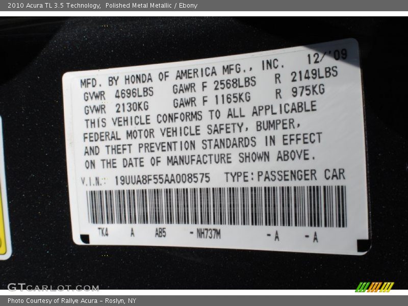 Polished Metal Metallic / Ebony 2010 Acura TL 3.5 Technology