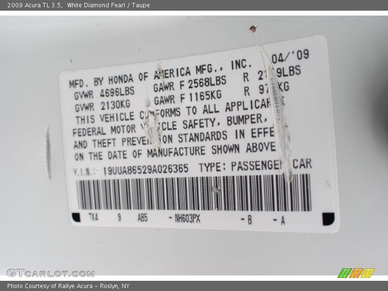 White Diamond Pearl / Taupe 2009 Acura TL 3.5