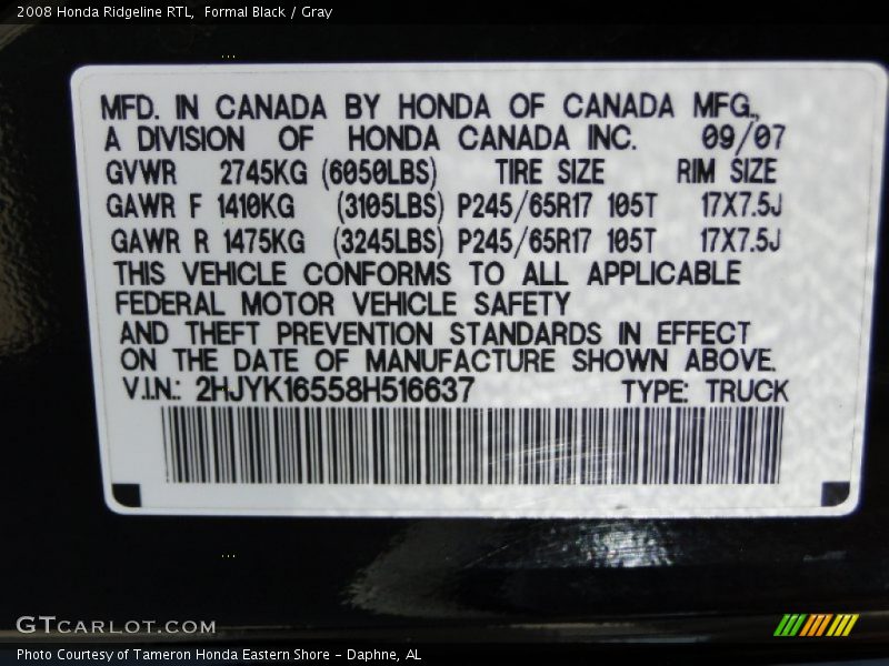 Formal Black / Gray 2008 Honda Ridgeline RTL
