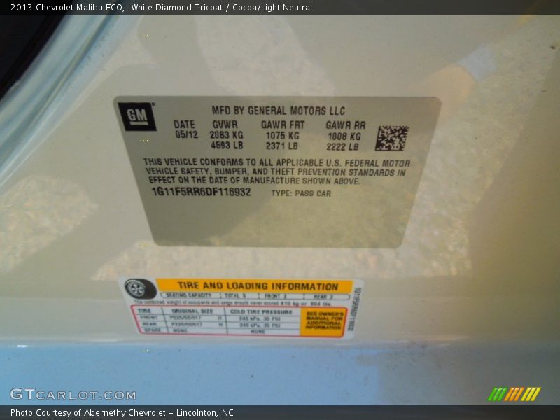 White Diamond Tricoat / Cocoa/Light Neutral 2013 Chevrolet Malibu ECO