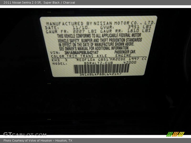 2011 Sentra 2.0 SR Super Black Color Code KH3