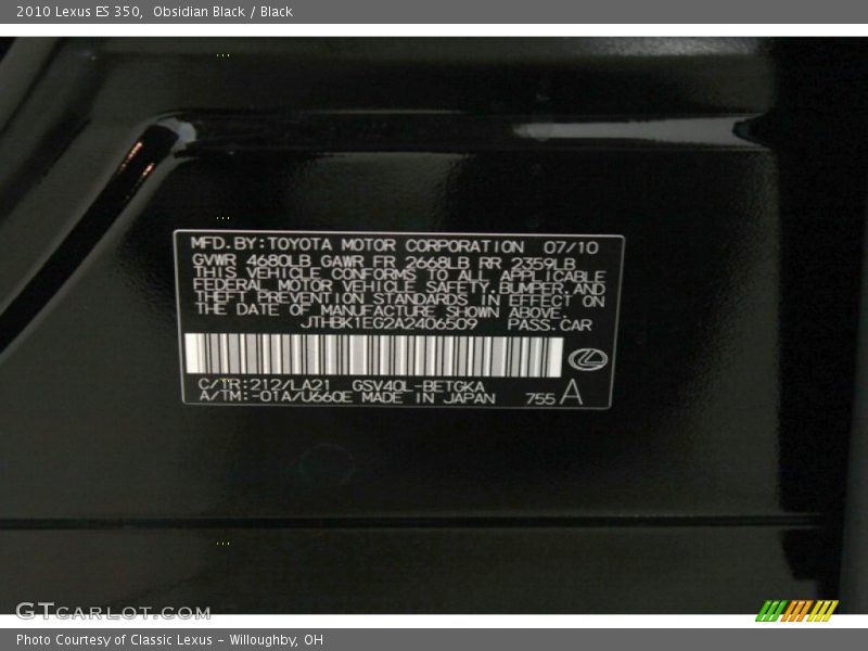 Obsidian Black / Black 2010 Lexus ES 350