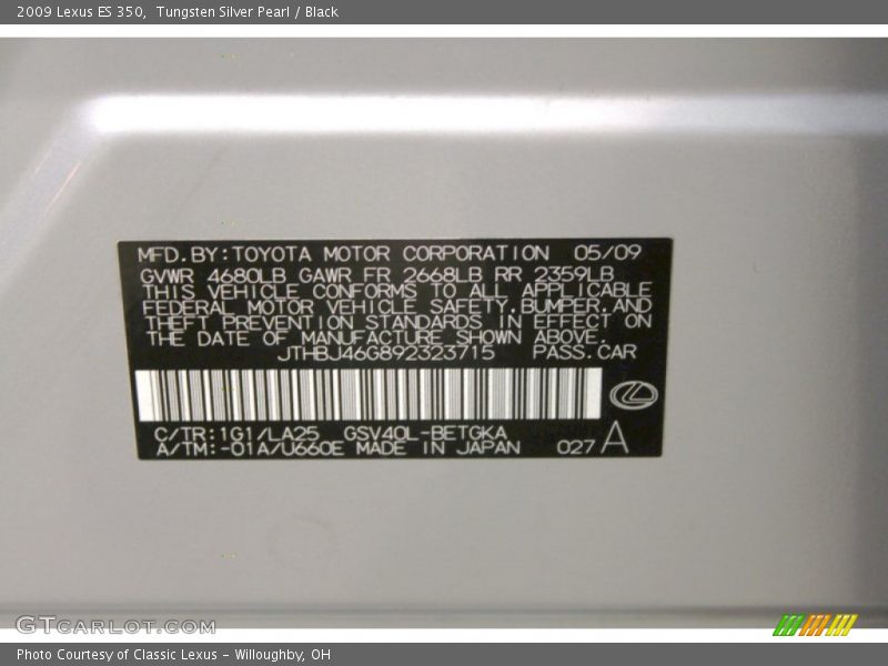Tungsten Silver Pearl / Black 2009 Lexus ES 350