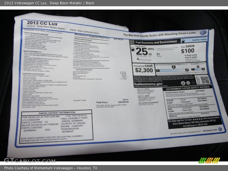Deep Black Metallic / Black 2013 Volkswagen CC Lux