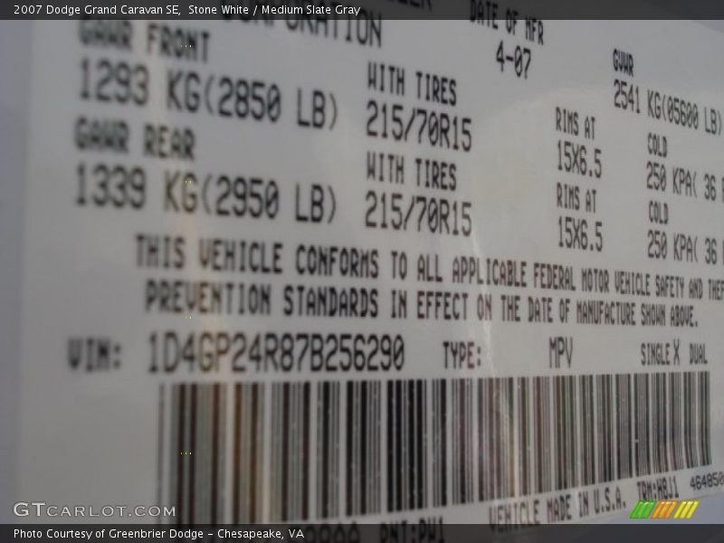 2007 Grand Caravan SE Stone White Color Code PW1