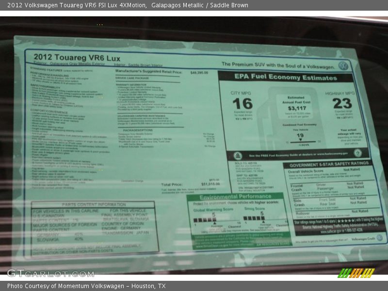  2012 Touareg VR6 FSI Lux 4XMotion Window Sticker