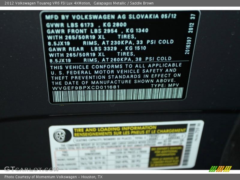 Galapagos Metallic / Saddle Brown 2012 Volkswagen Touareg VR6 FSI Lux 4XMotion