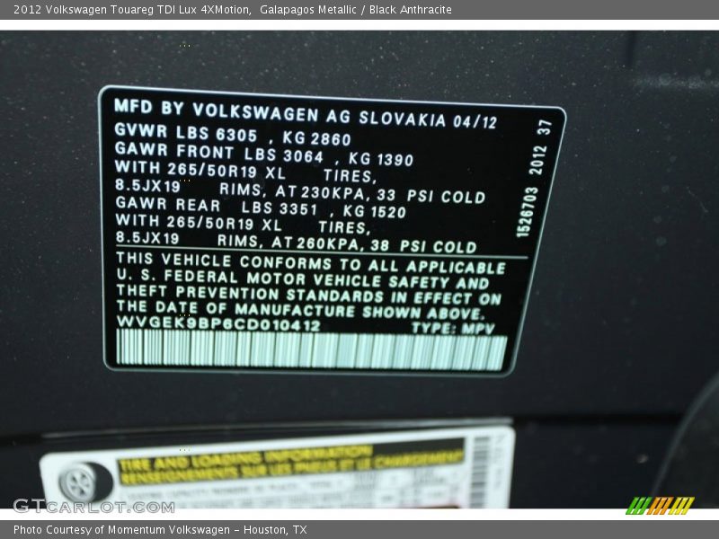 Galapagos Metallic / Black Anthracite 2012 Volkswagen Touareg TDI Lux 4XMotion