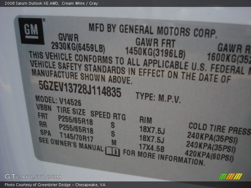 Cream White / Gray 2008 Saturn Outlook XE AWD