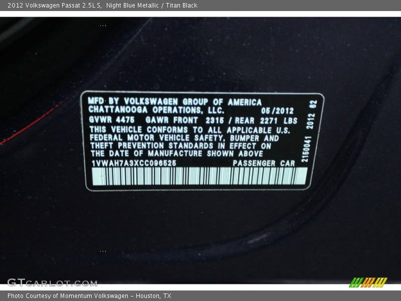Night Blue Metallic / Titan Black 2012 Volkswagen Passat 2.5L S