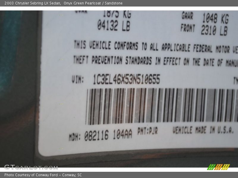 2003 Sebring LX Sedan Onyx Green Pearlcoat Color Code PJR