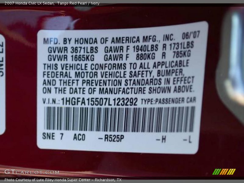 Tango Red Pearl / Ivory 2007 Honda Civic LX Sedan