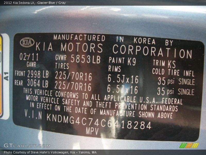 2012 Sedona LX Glacier Blue Color Code K9