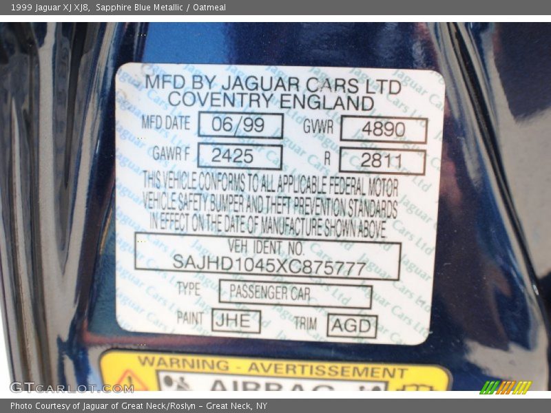 1999 XJ XJ8 Sapphire Blue Metallic Color Code JHE