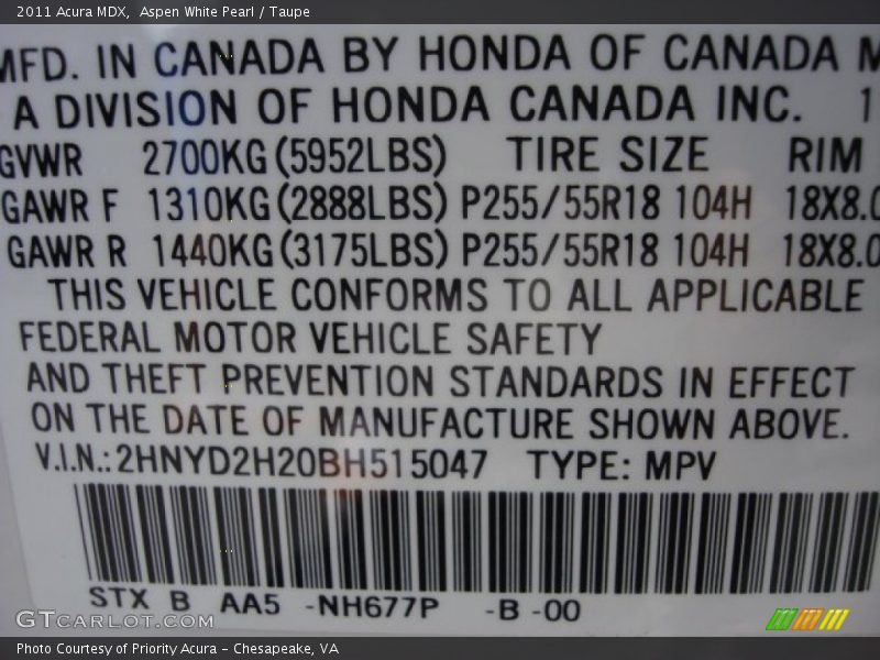 Aspen White Pearl / Taupe 2011 Acura MDX