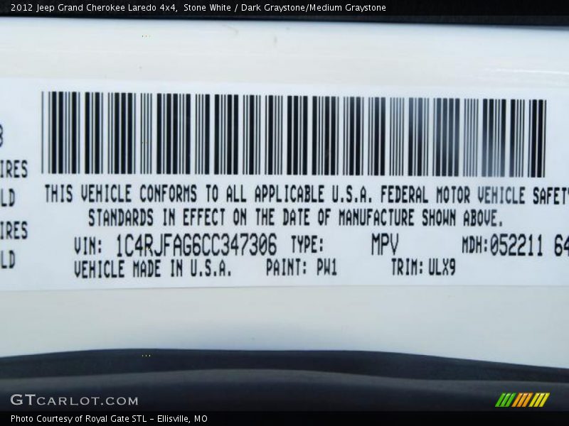 Stone White / Dark Graystone/Medium Graystone 2012 Jeep Grand Cherokee Laredo 4x4