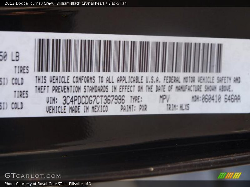 Brilliant Black Crystal Pearl / Black/Tan 2012 Dodge Journey Crew