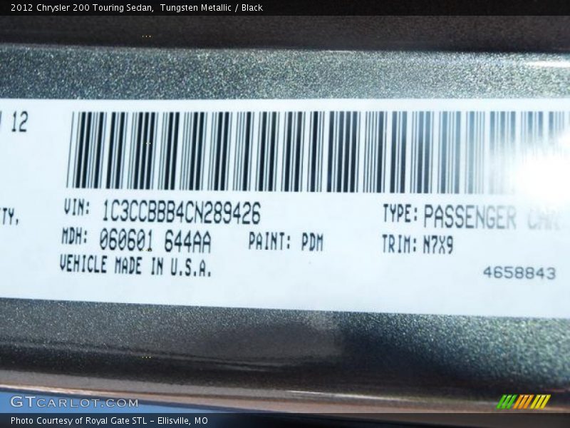 Tungsten Metallic / Black 2012 Chrysler 200 Touring Sedan