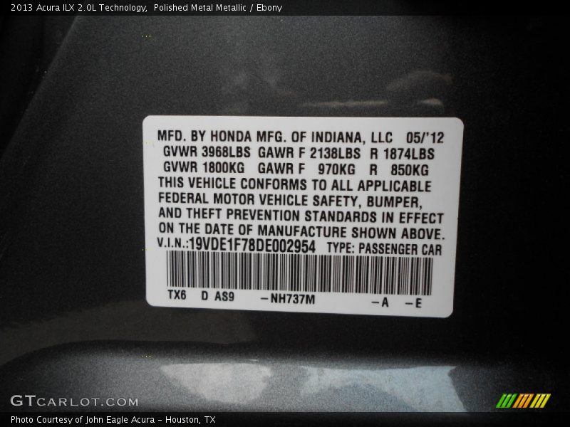 2013 ILX 2.0L Technology Polished Metal Metallic Color Code NH737M