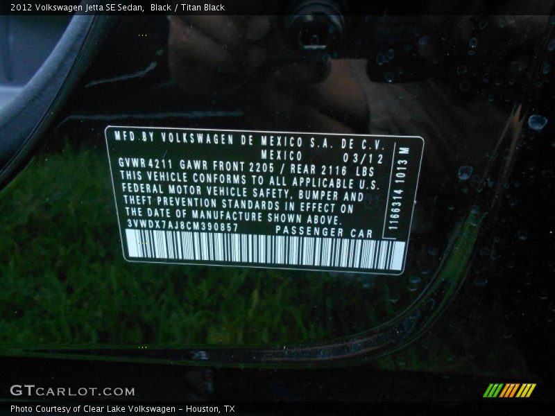 Black / Titan Black 2012 Volkswagen Jetta SE Sedan