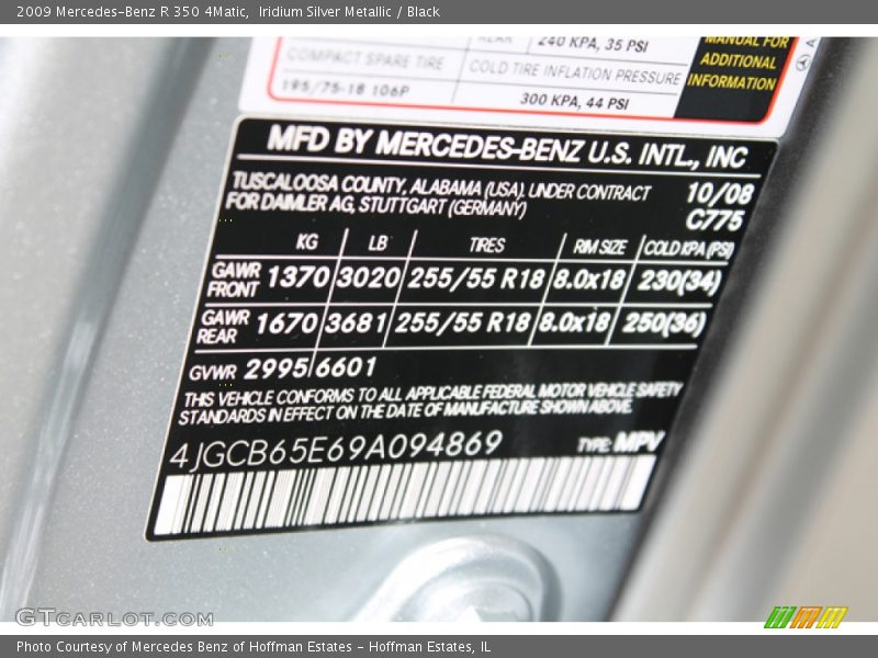 Iridium Silver Metallic / Black 2009 Mercedes-Benz R 350 4Matic
