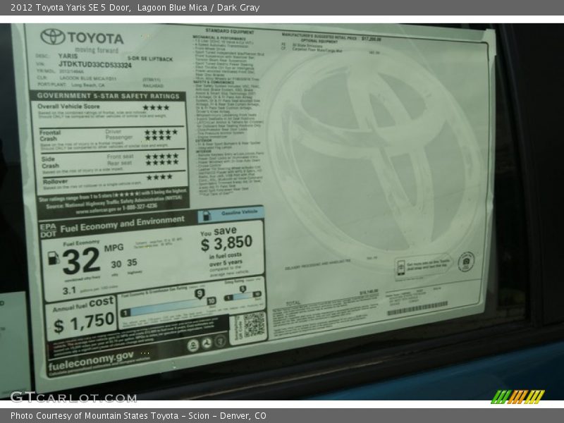  2012 Yaris SE 5 Door Window Sticker