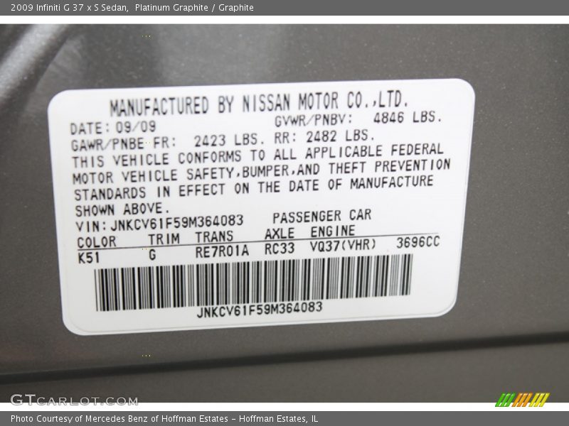 Platinum Graphite / Graphite 2009 Infiniti G 37 x S Sedan