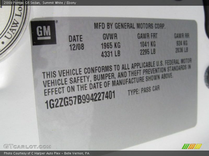 Summit White / Ebony 2009 Pontiac G6 Sedan