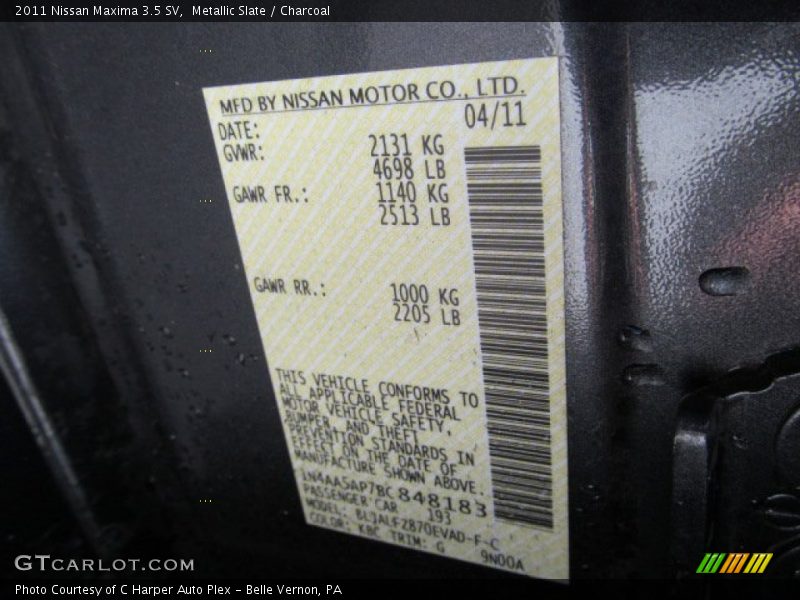 Metallic Slate / Charcoal 2011 Nissan Maxima 3.5 SV