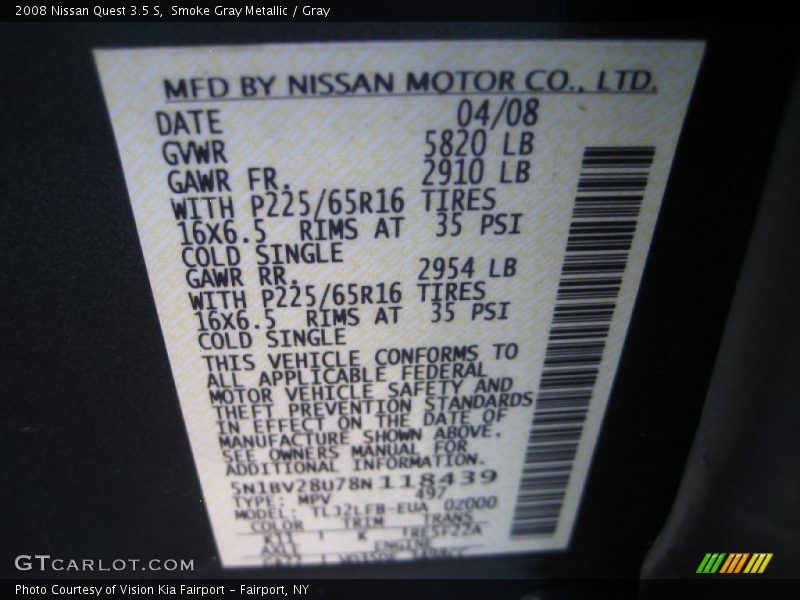Smoke Gray Metallic / Gray 2008 Nissan Quest 3.5 S