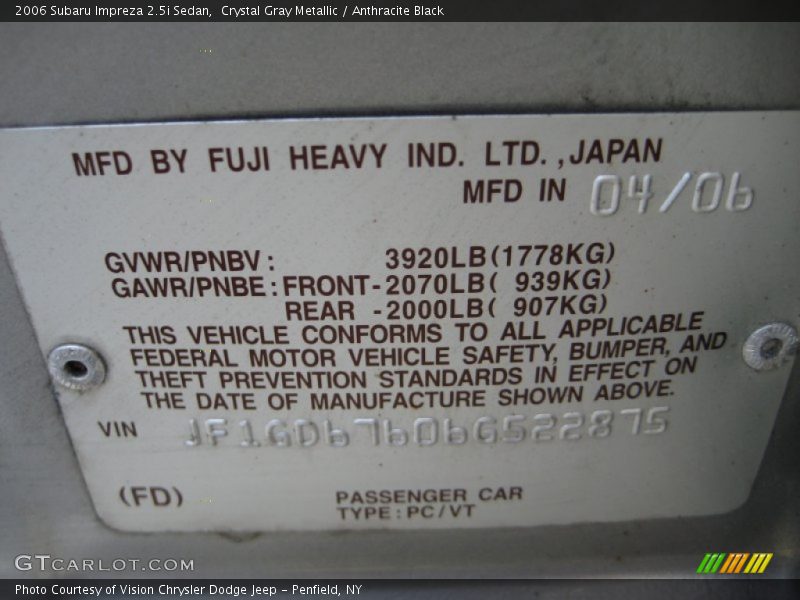Crystal Gray Metallic / Anthracite Black 2006 Subaru Impreza 2.5i Sedan