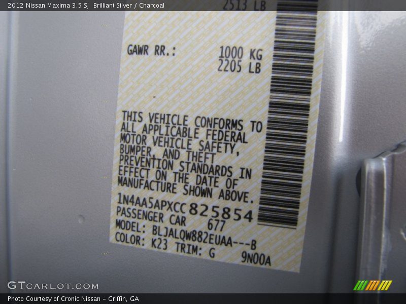 Brilliant Silver / Charcoal 2012 Nissan Maxima 3.5 S