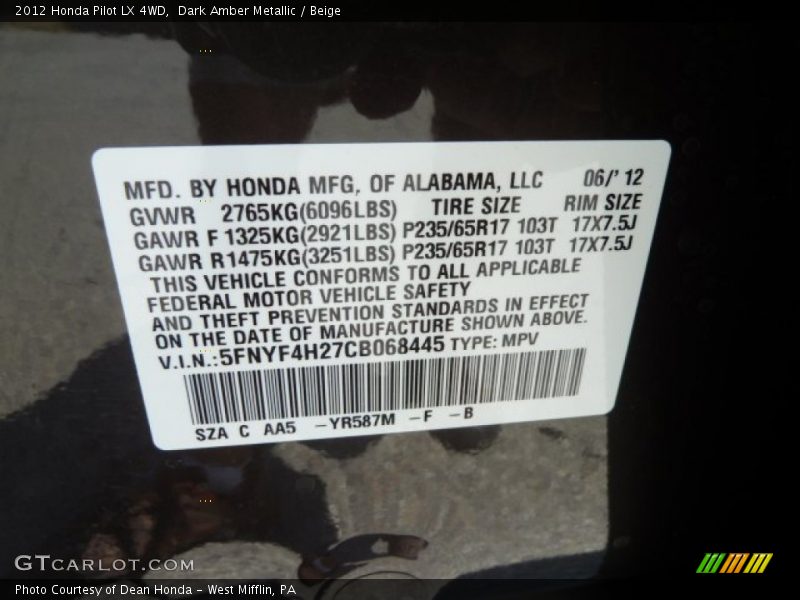 Dark Amber Metallic / Beige 2012 Honda Pilot LX 4WD