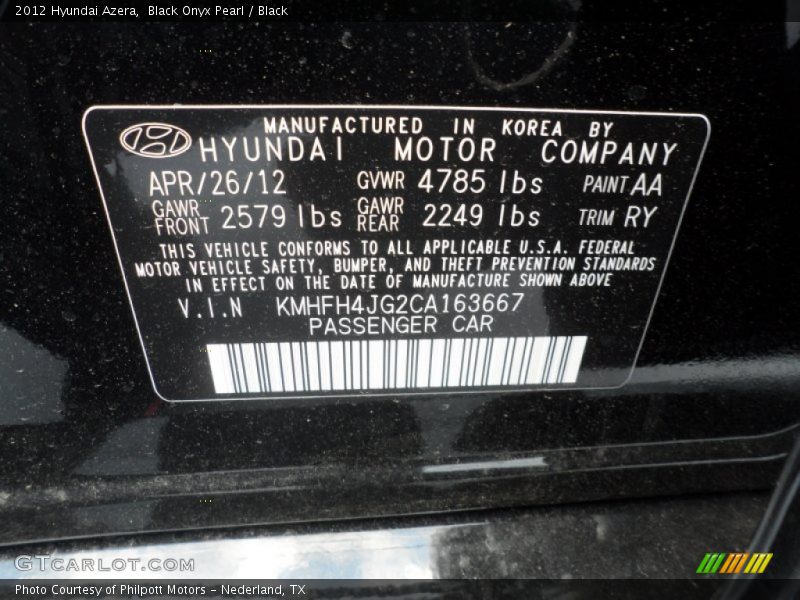 Black Onyx Pearl / Black 2012 Hyundai Azera