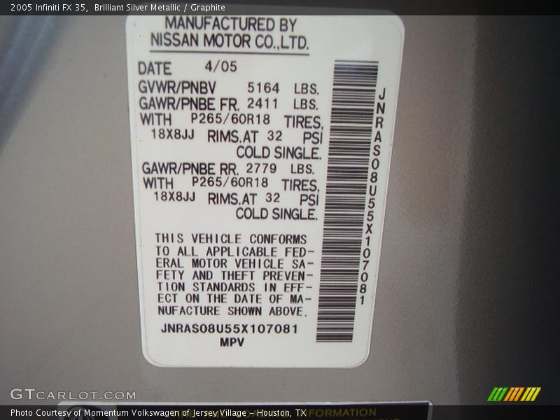 Brilliant Silver Metallic / Graphite 2005 Infiniti FX 35