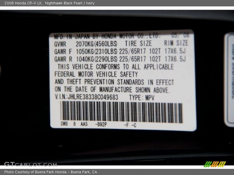 Nighthawk Black Pearl / Ivory 2008 Honda CR-V LX