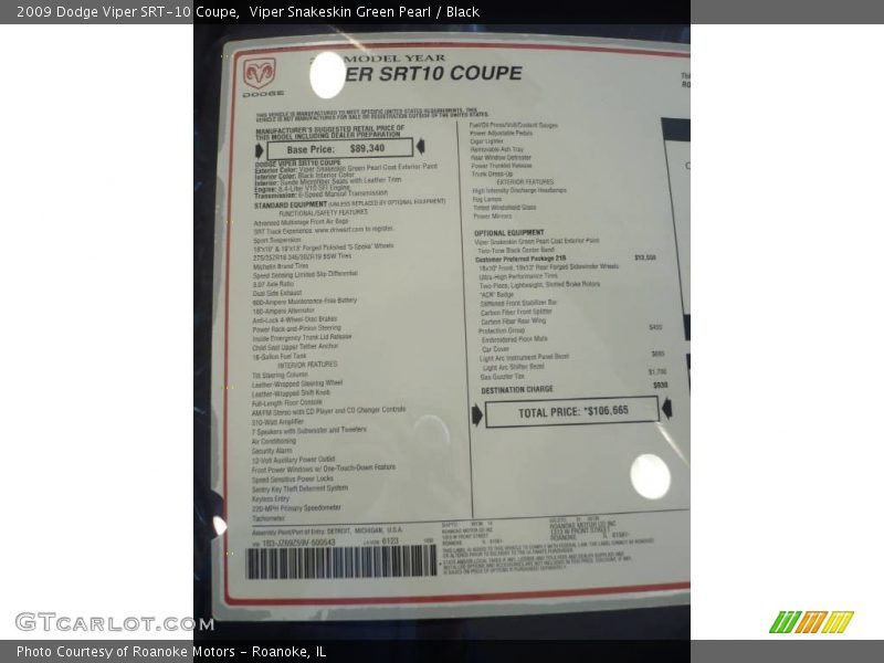  2009 Viper SRT-10 Coupe Window Sticker