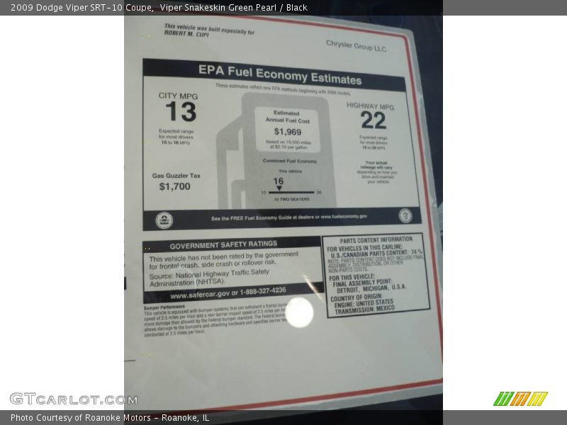  2009 Viper SRT-10 Coupe Window Sticker